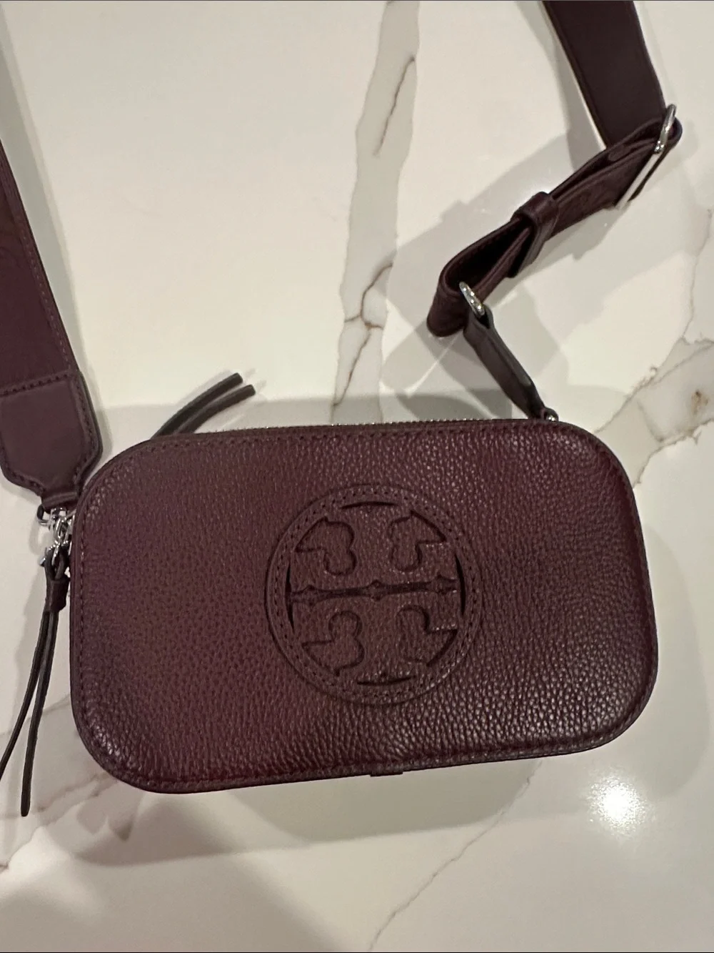 Tory Burch Pebbled Leather Crossbody in Deep Burgundy
